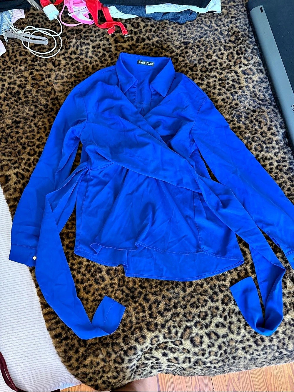 Cobalt Blue Double Wrap Crossover Tie-Back Blouse